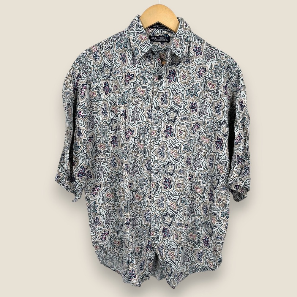 Generra Collection Hawaiian Shirt Men Small 14.5 White Green Floral Rayon VTG